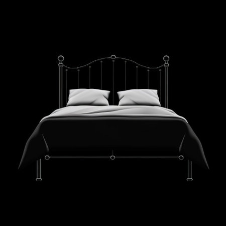 a vector illustration of a white wooden bed with a black frame and white pillow, resembling the style of thomas gainsborough. rendered in cinema4d, the image showcases a victorian gothic aesthetic with metallic finishes and chrome-plated accents. the black background adds a touch of poetic minimalism to the overall composition. ai generatedの素材