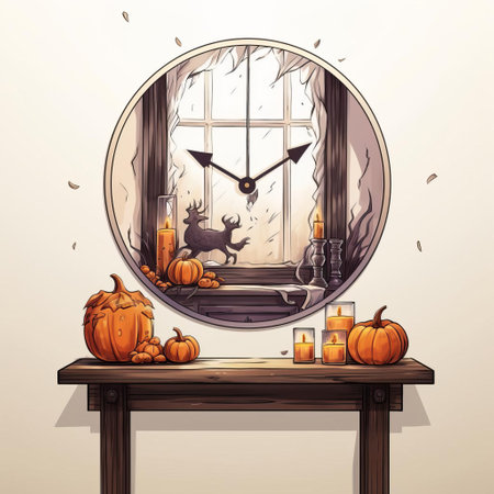 this interior design sketch showcases a stylish wall clock and mantle, perfectly placed in front of a crisp white wall. a mirror above the fireplace adds depth, while halloween decorations complete the festive look. the front view provides a detailed perspective, making it an ideal inspiration for any home makeover. ai generatedの素材