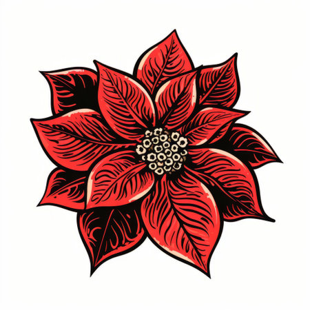 a vibrant red christmas poinsettia stands out against a clean white background in this bold and colorized photograph. the image is reminiscent of chiaroscuro woodcuts, with its strong black lines and realistic detailing. captured with a leica m10, this tattoo-like illustration exudes a festive and eye-catching appeal. ai generatedの素材