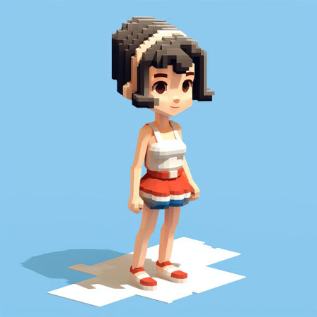 a girl stands in front of a vibrant blue background, showcasing a stunning voxel art style. the character design is intricately detailed, with a mix of light red and white colors. the portrait has a traditional japanese influence, capturing the essence of a beach setting. the image has a washed-out effect and is presented in 32k uhd resolution. ai generatedの素材