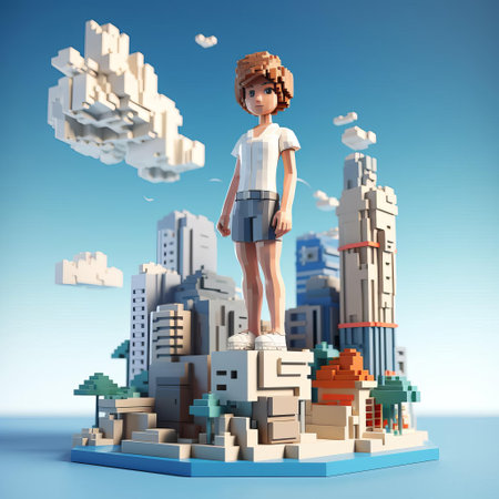 a female character stands atop a cityscape adorned with adorable toy sculptures, surrounded by towering skyscrapers. this vibrant scene, rendered in maya, captures the youthful protagonists exploring the city. the artwork draws inspiration from the rinpa school and features the leica cl camera, creating a captivating travel experience known as reefwave. ai generatedの素材