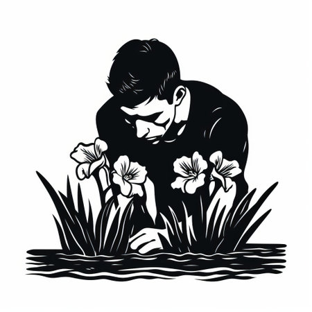 young boy mowing grass in the water, depicted in intricate black and white illustrations. this organic art nouveau style showcases flower and nature motifs, as well as portraiture iconography and scientific illustrations. the isolated figure adds emphasis to the emotional aspect, prioritizing emotion over realism. ai generatedの素材