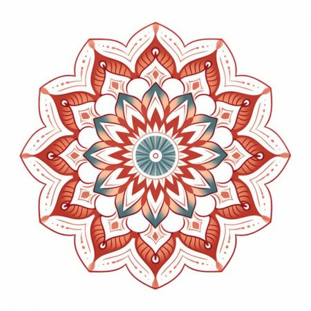 an indian mandala vector image featuring classic tattoo motifs in a light red and dark aquamarine color scheme. the design showcases flower and nature motifs with a warm color palette. the linear simplicity of the mandala adds to its aesthetic appeal, while the white background enhances the psychological symbolism. ai generatedの素材