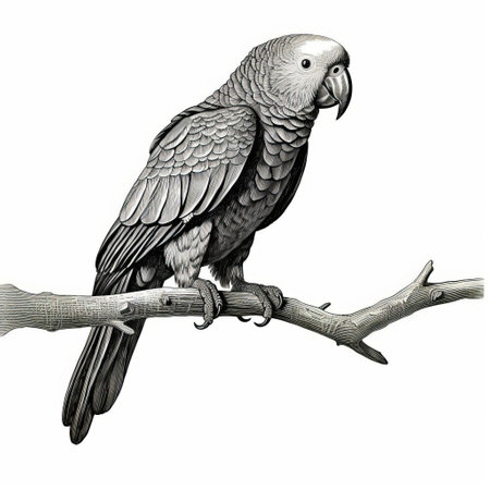 an antique woodcut engraving of an african grey parrot standing. this dark academia vintage halloween outline clipart features a silhouette of the bird in black and white. the scientific illustration has a simple and clean design with a white background. the dark academia stylized artwork is isolated and presented in an isometric view. it showcases a vintage victorian style with a monochrome linocut engraving lineの素材