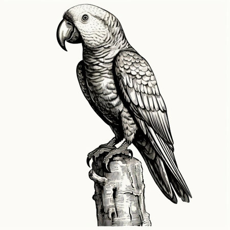an antique woodcut engraving of an african grey parrot standing. this vintage halloween outline clipart features a silhouette of the bird in black and white. the scientific illustration has a dark academia stylized look, with a simple clean design and a white background. it is an isolated, isometric view in a vintage victorian style, resembling a monochrome linocut engraving with high contrast outline print andの素材