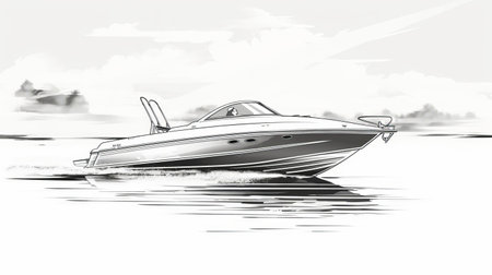 a motorboat sails on the ocean in this ink drawing on paper, inspired by the art style of artgerm. the image features light gray and silver tones, with a panoramic scale and bold, cartoonish lines. the drawing is smooth and shiny, created using a ricoh ff-9d camera, resulting in minimalistic yet captivating artwork. ai generatedの素材