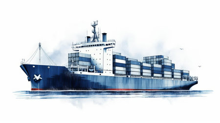 a large ship carrying a substantial cargo is depicted against a white background, with a vibrant blue sky and fluffy clouds. the artwork is created in the style of ink wash collages, giving it a unique and artistic appeal. the image has been cross-processed, resulting in a visually striking effect. this commission was done using ferrania p30 film and is suitable for editorial illustrations. theの素材