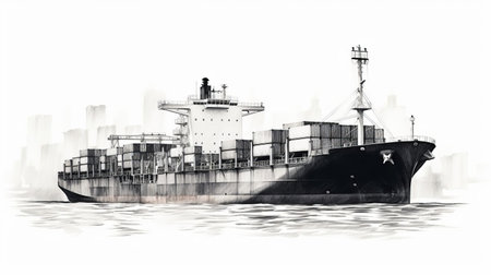 vintage watercolor sea cargo ship sketch titled "tejo rojo" by dan matutina. this intricate black and white illustration captures the essence of a bygone era. with photorealistic rendering and 8k resolution, it showcases the artist's attention to detail. reminiscent of the works of brice marden, alex katz, and the hyperrealism and photorealism movements. ai generatedの素材
