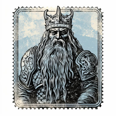 a vintage swag showcases a full portrait of a king, reminiscent of fantasy characters. the dark sky-blue and light gray color scheme adds a touch of mystique to the detailed ink illustrations. influenced by celtic art and confucian ideology, the portrait features bold block prints and is surrounded by giant money sculptures. ai generatedの素材