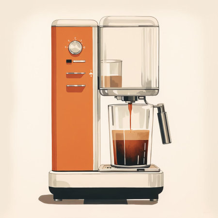 an orange espresso maker is featured in a highly detailed, mid-century illustration of a coffee maker. the illustration is done in the style of cross-processing, with elements of realism and transparency. created by artist ebru sidar, the artwork showcases volumetric lighting and a sense of automatism. ai generatedの素材