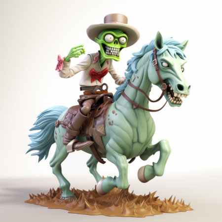 in this 3d render, a plastic-looking cartoon zombie is prominently featured, sitting confidently on a horse. the unique combination of a zombie and horse creates a visually striking image that is sure to grab attention. the white background ensures the focus remains on the unusual duo. this digital artwork is perfect for those seeking a fun and engaging way to depict zombies and the supernatural.の素材