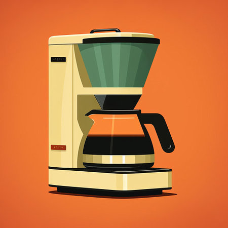 vintage coffee maker on orange background, featuring a colored cartoon style with multiple filter effect. the design is influenced by peter eisenman and incorporates animated gifs. the flat perspective and somber mood create a realistic usage of light and color. ai generatedの素材
