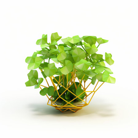 metal basket with green plant, showcasing neo-plasticism geometry. this 8k 3d image features a frequent use of yellow, inspired by q hayashida, basil gogos, and valentine penrose. the realistic rendering captures the intricate details of the basket and the vibrant green leaves of the plant. ai generatedの素材