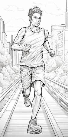a man running outdoors is depicted in this bold manga-style illustration. the use of ambient occlusion adds depth and dimension to the highly detailed cityscape background. captured with a nikon d850, the symmetrical balance of the composition is reminiscent of the ashcan school art movement. this editorial illustration showcases the fusion of various artistic elements. ai generatedの素材