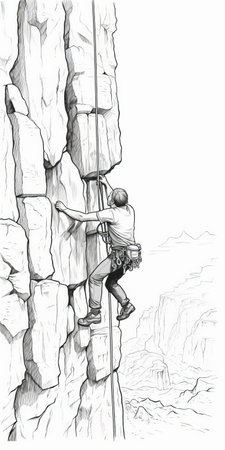 a small black and white drawing of a man climbing a mountain, featuring realistic details. this architectural illustration, commissioned for ferrania p30, is reminiscent of the styles of steve henderson, dino valls, and dave coverly. ai generatedの素材