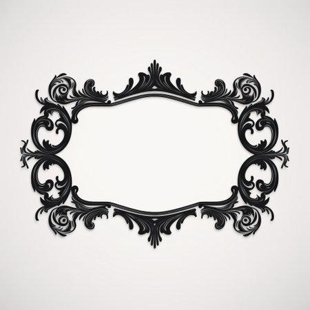 an ornate black design frame on a white background, featuring rococo-inspired details and minimalist stage designs. the vintage lens adds a touch of nostalgia, while the luminous shadowing and curved mirrors create a captivating visual effect. the sabattier filter enhances the vintage atmosphere, making this photo a unique and artistic composition. ai generatedの素材