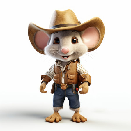in this 3d image, a mouse assumes the persona of a cowboy, donning a full-body outfit reminiscent of the wild west. the isolated white background draws attention to the intricately designed costume, complete with a hat, vest, and bandana. perfect for western or animal-themed designs, this 3d mouse cowboy is a versatile and unique visual element. ai generatedの素材