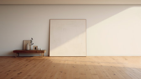 discover a serene minimalist homestead, featuring a unique wooden flooring pattern and matching furniture. the white-washed walls, including a blank canvas, offer the perfect backdrop for showcasing your artwork. experience the perfect blend of simplicity and functionality in this inviting space. ai generatedの素材