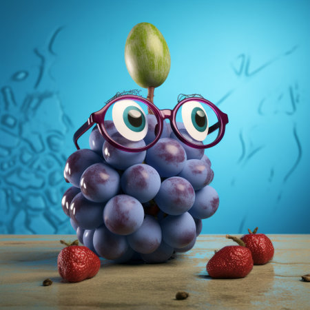 in this whimsical image, a cluster of grapes takes on a life of its own. with two large, expressive eyes and a pair of glasses resting on its stems, this bunch of fruit becomes a charming character. the vibrant blue background adds a playful touch to the overall composition. perfect for those who appreciate the quirky and unexpected in their visuals. ai generatedの素材