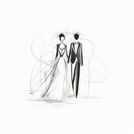 a wedding couple is depicted in this black and white image, created with soft lines and shapes. the stylish costume design adds to the overall elegance. the artist's use of blended brushstrokes and muted colors gives the image a timeless and sophisticated feel. this fashion sketch captures the transparency and lightness of the couple's attire. enjoy the high-definition quality of this image. ai generatedの素材