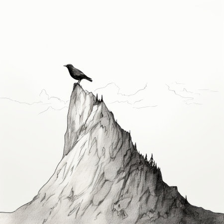 pair of birds perched atop a mountain, captured in a black and white realism style reminiscent of gothic illustrations by artists like even mehl amundsen. the editorial illustration showcases the birds against a backdrop of spiky mounds, evoking the works of anton mauve and the artistic vision of maya lin. ai generatedの素材