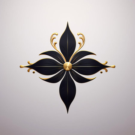 a golden flower emblem, featuring gothic dark and moody tones, is depicted on a white background. this isometric ceramic piece showcases egyptian iconography, rendered in cinema4d. the design includes intricate leaf patterns, adding an elegant touch to the overall composition. ai generatedの素材