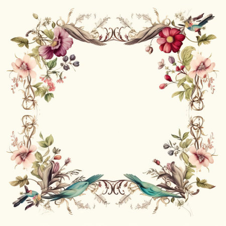a floral watercolor frame, perfect for greeting cards and wedding stationery design. this download is suitable for personal or commercial use. the design is inspired by accurate bird specimens from the 19th century, featuring a light beige and magenta color scheme. the image showcases pictorial fabrics, ornamental structures, and an eye-catching composition. ai generatedの素材