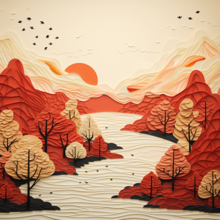 explore the beauty of a minimalist maple valley, meticulously crafted on textured paper. this art piece showcases the essence of nature, with sleek lines and a soothing color palette. the valley's simplicity highlights the majestic maple trees, creating a serene and calming atmosphere. perfect for modern decor and a delight for nature enthusiasts. ai generatedの素材