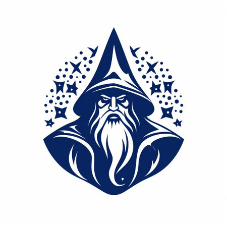 a druidic wizard emblem with a beard vector design for a t-shirt. the design is in the style of navy and blue, created by the stars art group xing xing. it features elements of magic realism and is set against a white background. the monochromatic graphic design draws inspiration from eastern orthodox icons and showcases a touch of neo-academism. ai generatedの素材