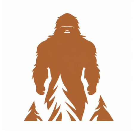 bigfoot stands tall next to a tree silhouette, showcasing a unique character design. the image features a dark orange and light brown color scheme, with a strong emphasis on negative space. the composition is symmetrical, set against a white background, and exudes an elegant and whistlerian aesthetic. ai generatedの素材