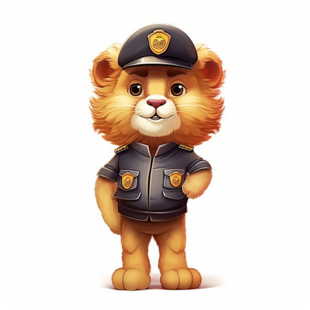 a lion dons a police uniform, perfectly captured in the style of children's book illustrations. the striking image features a full-body view of the majestic beast, with a white isolated background emphasizing its noble presence. the attention to detail in the uniform, from the badge to the buttons, adds a playful and endearing quality to this fierce and powerful creature. ai generatedの素材