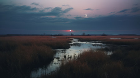 explore a stunning hyper-realistic photograph of the champagne countryside, showcasing a marsh at dusk with a striking big moon. this image boasts muted, dramatic colors and a captivating 70's analog aesthetic. the composition is cinematic and expertly executed, with a wide-angle 8k view that immerses you in the serene beauty of this rural landscape. ai generatedの素材