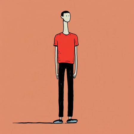 a cartoon character wearing a red shirt stands against an orange background. the illustration is in the style of jean jullien, featuring minimalistic symmetry. the character's design is reminiscent of alessandro gottardo's realistic human figures, while also incorporating elements of kilian eng's slender fashion illustrations. ai generatedの素材