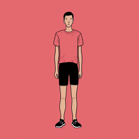 a cartoon illustration featuring a man wearing a shirt, sneakers, and shorts. the artwork is done in a light crimson style, with minimalistic portraits and minimal retouching. the artist has paid fine attention to anatomy, resulting in a visually appealing image. the color palette consists of pink and black, creating a striking contrast. the illustration captures a sense of long distance and deep distance, reminiscentの素材