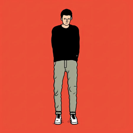 a black man, in the style of jean jullien, stands on a red background with his hands behind his back. this fashion-illustration captures the essence of normcore and features the artistic influences of ben wooten. the colorized image is characterized by its sparse and simple composition, showcasing candid portraits. ai generatedの素材
