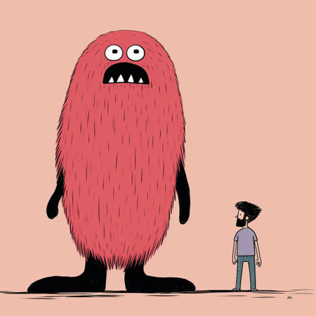 a human monster drawing by steve dedalusio, featuring charming characters in a colored cartoon style. the artwork showcases a contrast of scale with dark red and light pink hues, creating a durk and gritty atmosphere. the emotional gestures of the characters add depth to the composition. captured using a fujifilm xf 35mm f1.4 r lens. ai generatedの素材