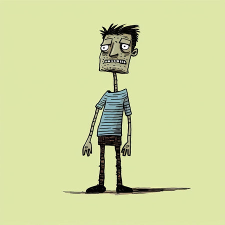 a cartoon character, inspired by macabre realism and whimsical children's book illustrations, stands facing the camera. the rough-edged 2d animation style, reminiscent of matt groening's work, adds a unique touch. the character's outfit is showcased, while the grungy texture and sparse, simple design create an intriguing visual aesthetic. this photo captures the essence of the character's personality and style. ai generatedの素材