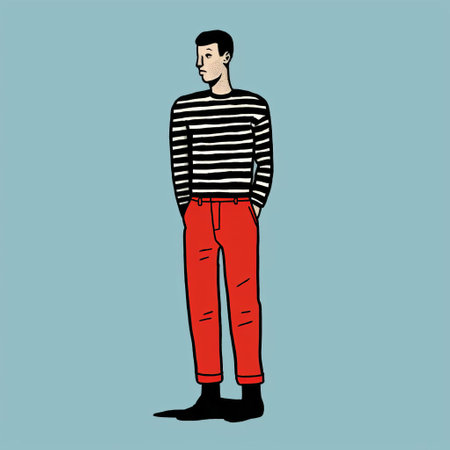young person wearing red striped trousers in a mid-century style illustration. the linear simplicity and precise nautical details create a light indigo and black color scheme. the dignified poses and herge-inspired illustration add a touch of elegance to this character illustration. ai generatedの素材