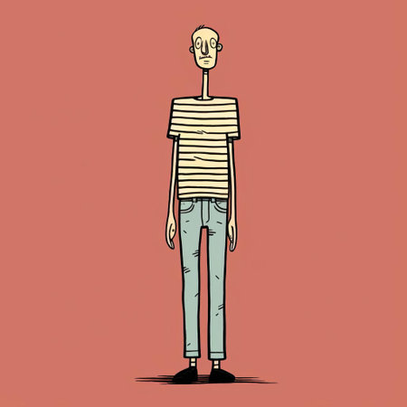 the illustration showcases a cartoon man created by a talented artist. the artwork features a unique style of horizontal stripes, giving it a visually striking appearance. the cartoon man is depicted in a skeletal form, with a normcore aesthetic. the color palette consists of light yellow and light red, adding a subtle yet vibrant touch. the illustration exhibits highly detailed figures and cleverly utilizes negativeの素材