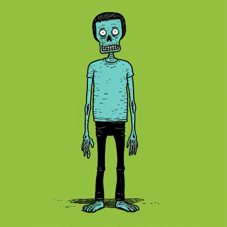 a cartoon zombifying man stands on a green background in the style of light indigo and cyan. the highly detailed illustrations by cody ellingham feature slender and elongated figures, reminiscent of editorial illustrations. these hand-drawn artworks showcase a unique and captivating artistic vision. ai generatedの素材