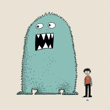 a young man stands beside a large monster in this minimalist illustration. with a humorous tone and emotive colors, the artwork resembles children's book illustrations. the gritty textures and linear style add depth, while the spiky mounds create an intriguing visual element. ai generatedの素材