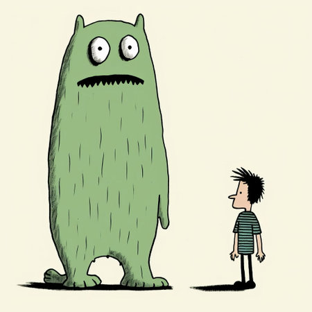 a boy stands beside a colossal green monster in this whimsical comic strip-style illustration by minimalist illustrator martin rak. the humorous tone is enhanced by the monster's wandering eye and the grotesque yet intriguing bugcore elements present in the characters. ai generatedの素材