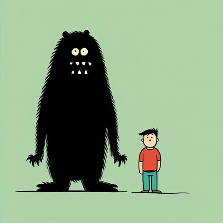 a large black monster, reminiscent of the brothers grimm tales, stands prominently in the foreground. in the background, a little boy can be seen, adding a touch of innocence to the scene. this low-resolution image, created in the style of emiliano ponzi, features a humorous tone and minimalistic portrait elements, similar to the works of dave coverly. this photo is available under the creative commonsの素材