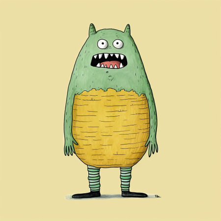 an ugly monster, depicted in a cartoon style, stands inside a bowl. the illustration features flat shading, rough texture, and a color palette of light green and yellow. this editorial illustration showcases layers of texture and draws inspiration from the pigeoncore movement and the artist sopheap pich. ai generatedの素材