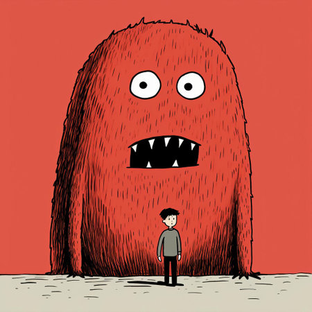 a young man stands beside a person dressed as a giant monster, creating an unsettling and lurid mood. the image features flat colors, with spiky mounds in shades of red and crimson. the emphasis is on conveying emotions rather than realism, achieved through intricate hatching techniques. this photo could be a perfect addition to the criterion collection. ai generatedの素材