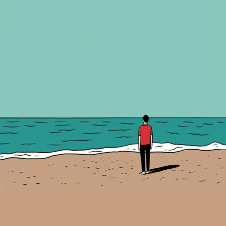 a man stands at the beach, observing the water in this vector illustration. the artwork is done in a dark crimson and sky-blue style, with an absence of color. inspired by martin creed, the illustration features a flattened perspective and contrasting backgrounds, creating a stark contrast. ai generatedの素材