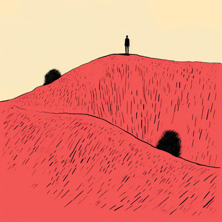 a person stands atop a hill, enveloped by trees, in a color field minimalism style. the hyper-detailed illustration showcases light red and black tones, reminiscent of comic strip art. the trace monotone technique adds depth to the dreamscape portraiture, while the rough texture enhances the overall visual impact. ai generatedの素材