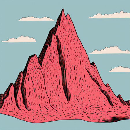 a black and blue line sketch of mountains from a distance, rendered in a realistic and hyper-detailed style. the sketch features a colorful moebius effect with dark pink and red hues, reminiscent of vintage cut-and-paste illustrations. the depiction is whimsical and showcases a gigantic scale. ai generatedの素材
