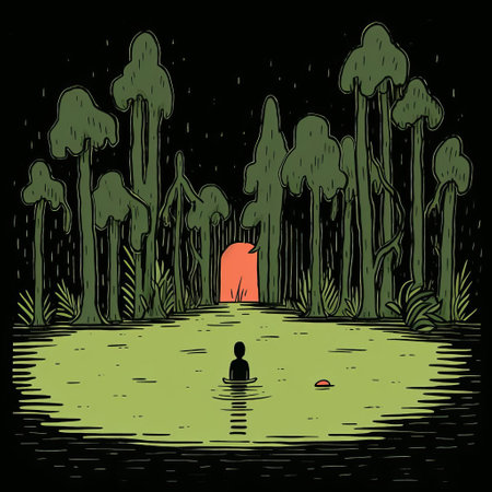 a person stands in the middle of an empty lake, reminiscent of chris samnee's style. the scene is a mysterious jungle, resembling a storybook illustration, with a combination of light red and dark green hues. the image captures the essence of mysterious nocturnal scenes, evoking trapped emotions depicted in cambodian art. ai generatedの素材