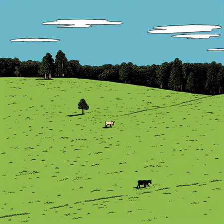 a picturesque landscape featuring a green field adorned with grass and cows, a hill reflecting suns in water, trees, and a vibrant rainbow. this artwork, inspired by the styles of michael deforge, adrian tomine, and dave coverly, showcases a realistic and detailed rendering. created using a konica auto s3 camera and rendered in maya, it captures the essence of romantic landscape vistas. ai generatedの素材